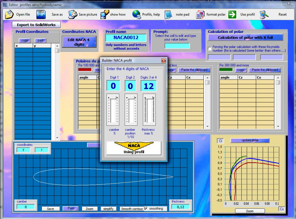 Mecaflux contains a profile editor NACA 4-DIGIT which allows you to easily create a file of coordinates and drawing the profile, by varying the  profile DIGITS, with a cursor: