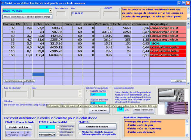 This interface allows to highlight the diameter of ideal conduct for a given flow rate. We select from the list of usual series of trade, a series we want to test, we selected the fluid temperature in the medium list ( 120 liquids and gases are already ready to be used with their data density and viscosity )