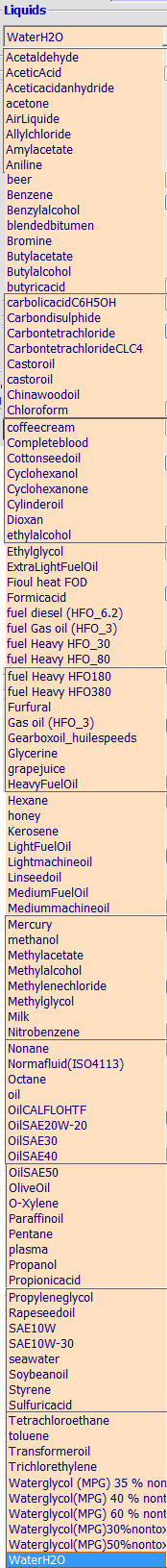 Lists of liquids whose density is given in the editor fluids mecaflux