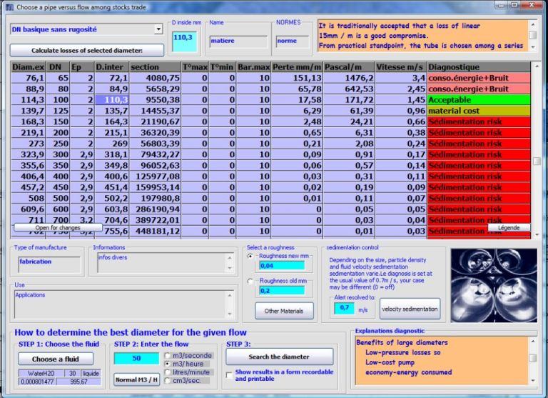 This interface allows to highlight the diameter of ideal conduct for a given flow rate. We select from the list of usual series of trade, a series we want to test, we selected the fluid temperature in the medium list ( 120 liquids and gases are already ready to be used with their data density and viscosity )