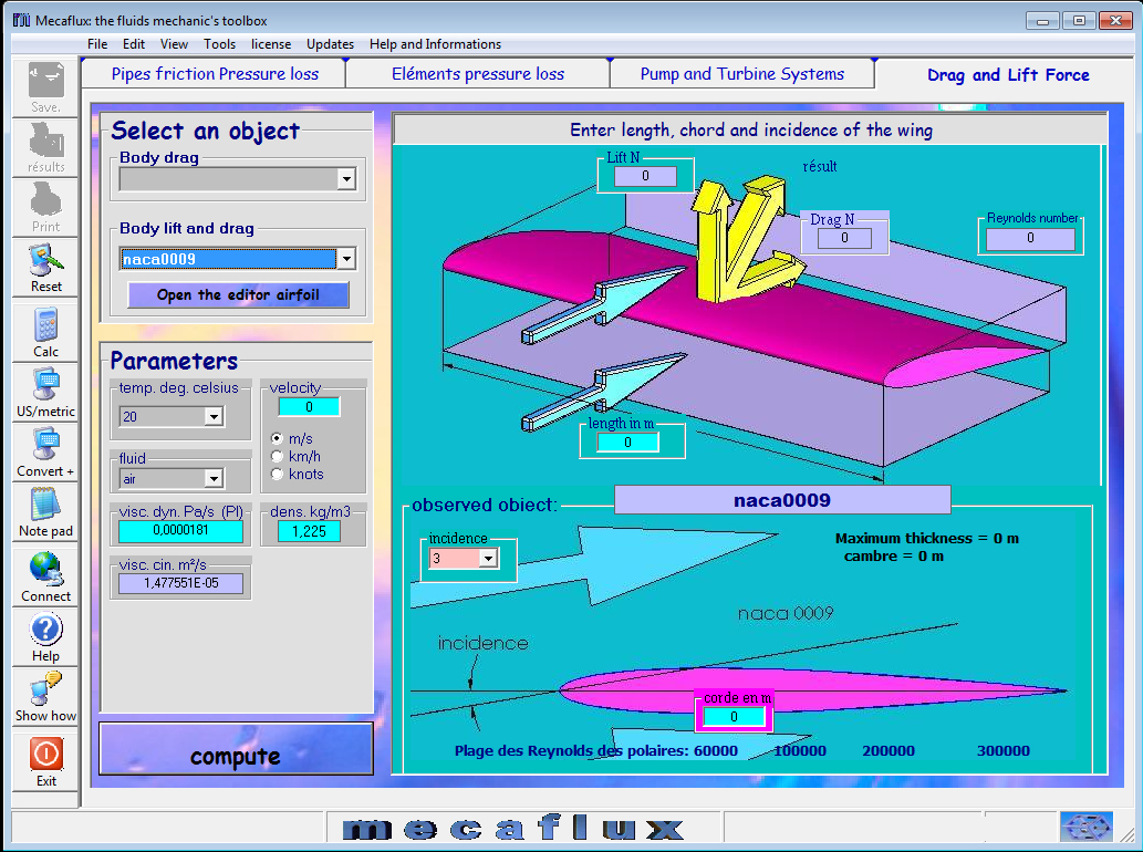 Lift force of a hydrofoil with mecaflux software