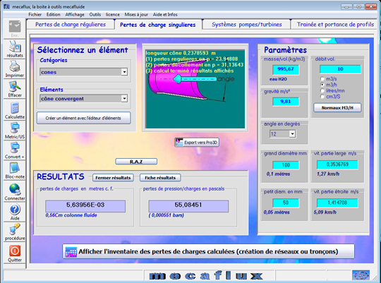 interface calcul pertes charge singulieres