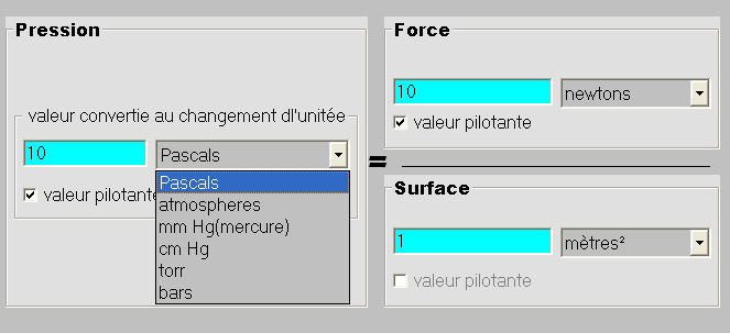 détail de l'onglet de pressions du convertisseur integré à MECAFLUX