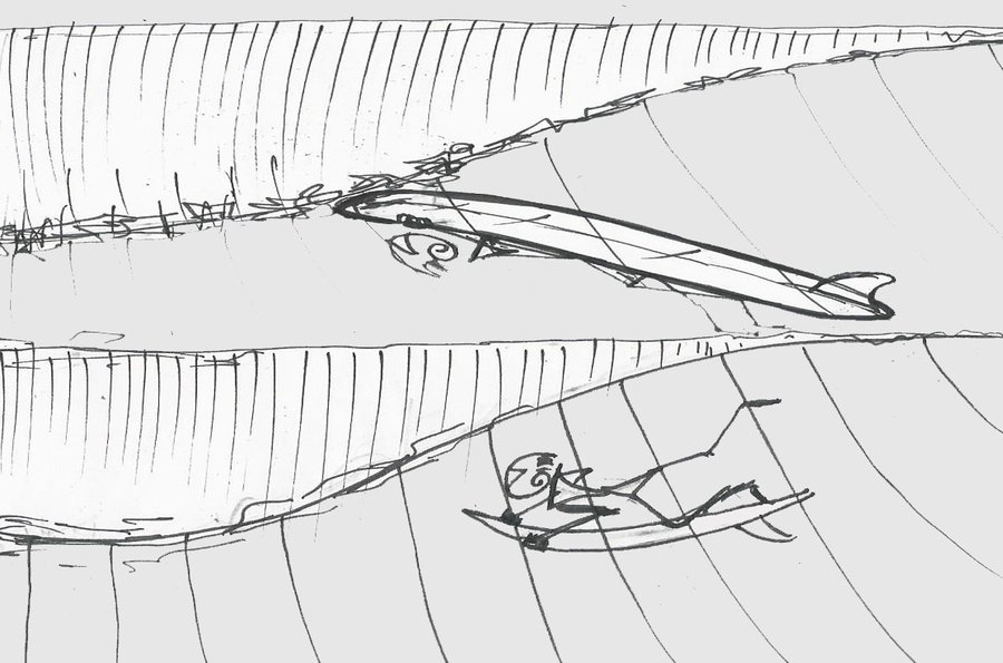 Sketch of a duck dive under the wave and of a turtle roll