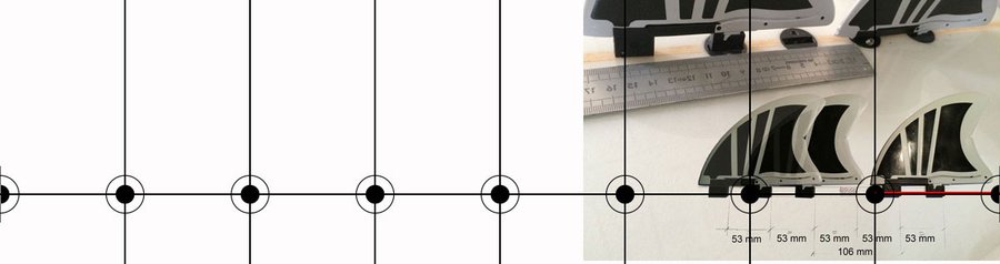 Ruler and FCS plugs spaced 53 mm apart under two FYN fins