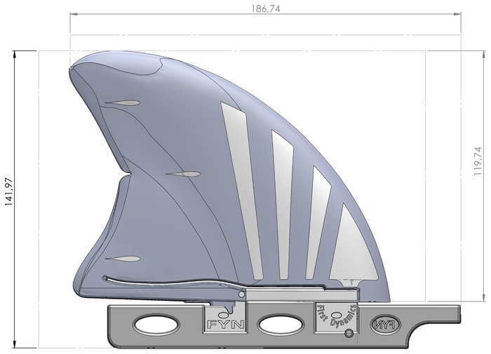 Dimensioned drawing of the FYN Dynamic fin: 186.74 mm base, 141.97 mm overall height, 119.74 mm profile