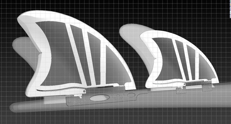 3D rendering of two FYN fins aligned on the axis of a board, FYN line setup