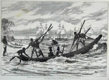Gravure de piroguiers dans les vagues, la rame servant de dérive