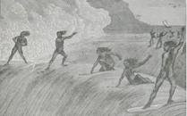 Surfeurs des îles Sandwich sur des planches sans aileron, gravure du XVIIIe siècle