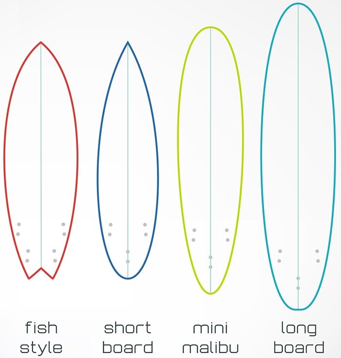 Outlines of fish, shortboard, mini-malibu and longboard