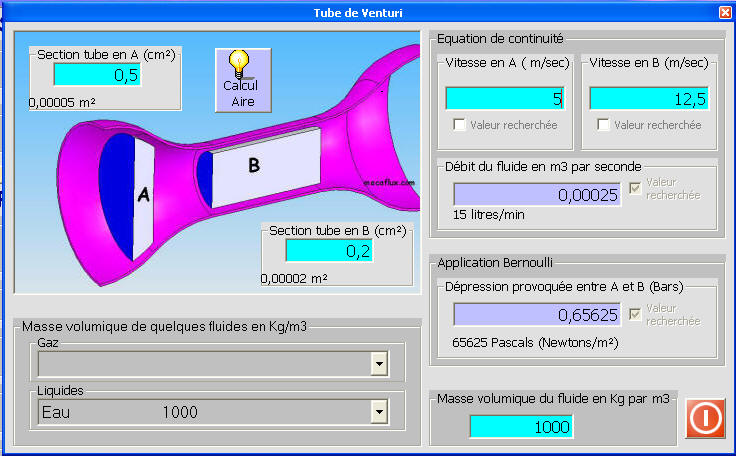 interface du logiciel de calcul tube venturi