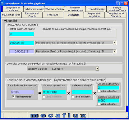 onglet viscosité du convertisseur intégré à MECAFLUX