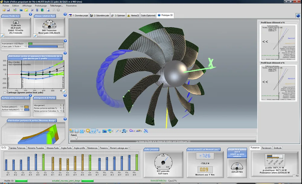 11-blade propeller study in Heliciel: 3D prototype, blade element aerofoils and performance