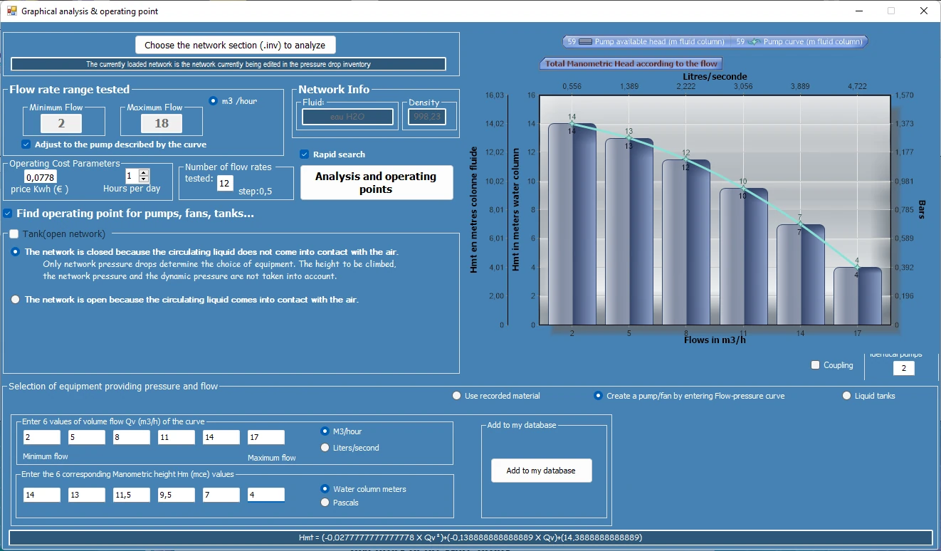 Mecaflux Standard pump editor: entering the 6 points of a pump curve next to the manufacturer's catalogue
