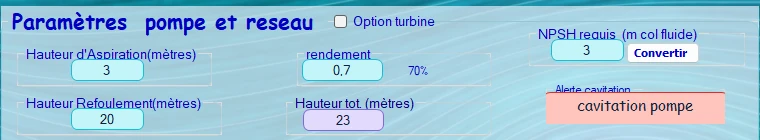 Interface systèmes pompes et turbines de Mecaflux Standard avec l'alerte de cavitation de conduite en rouge